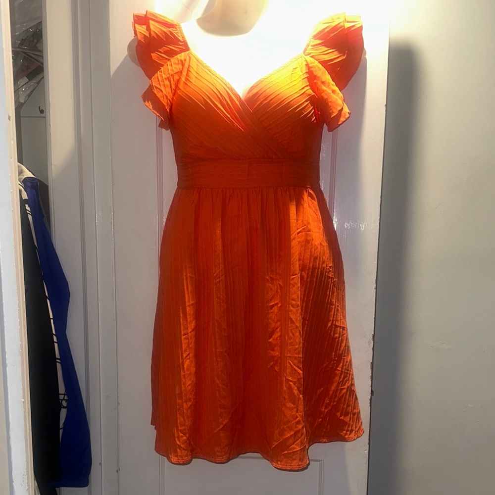 SHEIN Vibrant Orange Mini Dress with Ruffled Sleeves